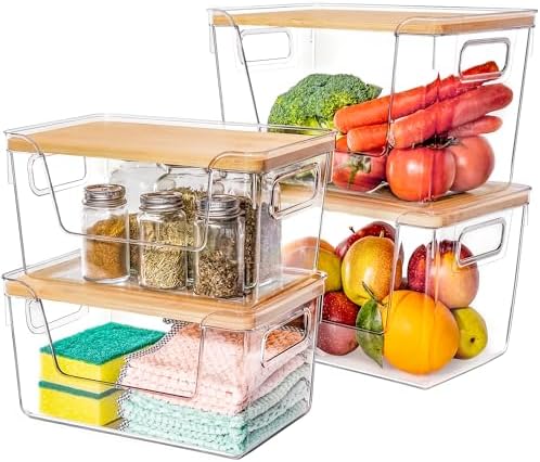 Criusia 2 Large and 2 Small Pantry Organizers and Storage with Bamboo Lids, Stackable Clear Bins for Onion, Potato, Frui