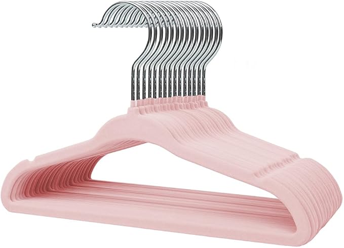 Stormix Baby Velvet Hangers 16 Pack, Kids Non-Slip Felt Hangers with Shoulder Notches, Thin Space Saving Hangers for Closet Organization, 360° Swivel Hook for Toddler's Clothes - Pink