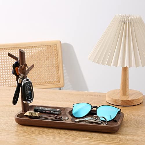 Walnut Wood Key Tray for Entryway Table, Jewelry Tray, Catchall Tray with 3 Stand Hanging Organizer, for Rings, Phone, B
