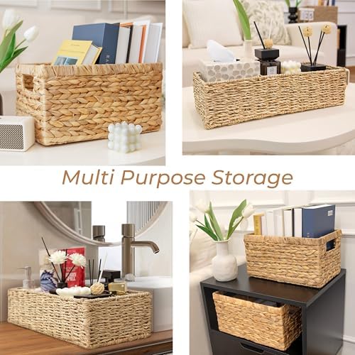 2-Pack Handwoven Water Hyacinth Storage Baskets with Handles, Wicker Bins for Pantry Organization, Shelf or Closet Organizer, Decorative Boho Rectangular Basket 13.5" x 8"