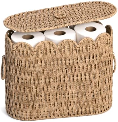Toilet Paper Wicker Rattan Storage Basket with Handles, Paper rope Slim Toilet Paper Holder with Lid- Holds Up to 9 Mega