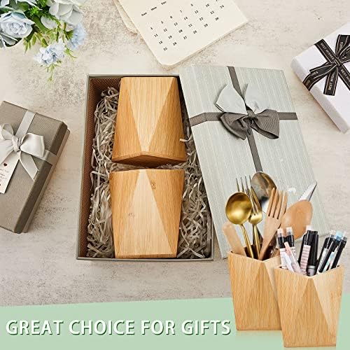 Henoyso 2 Pcs Bamboo Wood Pen Pencil Holder Geometric Pencil Cup Stand Makeup Organizer for Pen Holder Desk Home Office Adults(Bamboo)