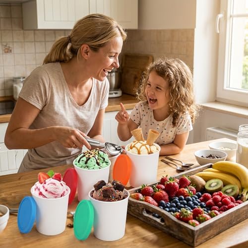 Peohud 4 Pack Ice Cream Containers, 1 Quart Freezer Storage Tubs with Silicone Lids and Spoon for Ice Cream, Sorbet and Gelato, Freezer Dishwasher Safe