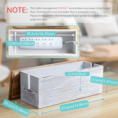 Large Cable Management Box, White Washed Wood Cord Organizer Box for Desk, Floor, Office to Hide Extension Cords Power S
