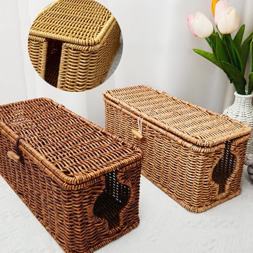 Wicker Cable Management Box, 2 Pack Large & Small Cable Organizer Box, Faux Rattan Hand-Woven Desk Organizer with 10 Cor