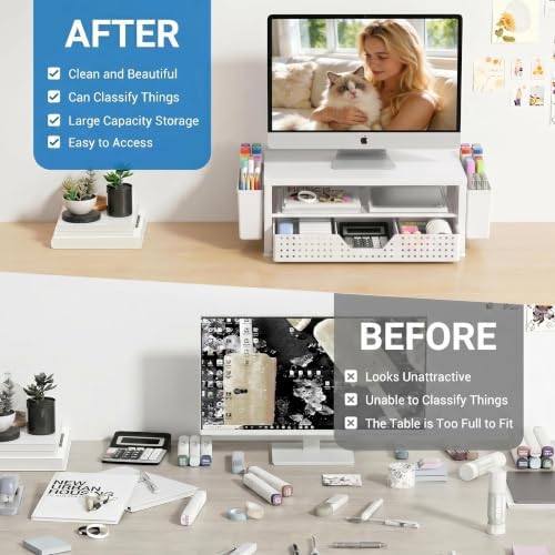 OPNICE Desk Organizers and Accessories, Computer Monitor Stand Riser with Drawer and 2 Pen Holders, Printer & Laptop Sta