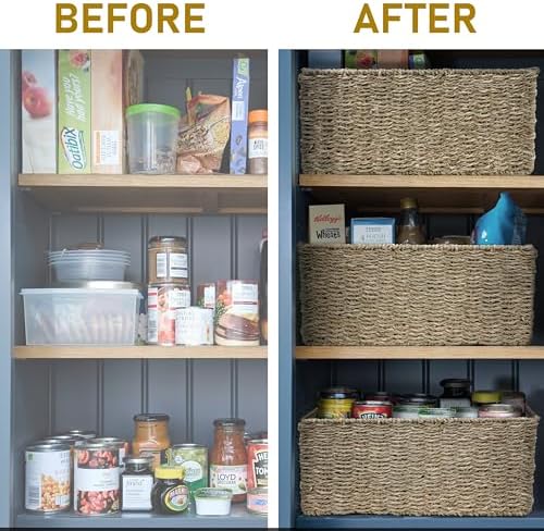 HOMESTEAD 2-Pack Rectangular Seagrass Storage Baskets with Built-In Handles, Handwoven Wicker Baskets for Pantry, Shelf, Closet & Bathroom Organization, 13.25 x 8.25 x 7.25 in
