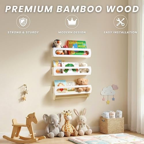 Nursery Shelves for Wall, Premium Bamboo Wood, Fully Assembled - Nursery Book Shelves, Book Shelf for Kids Rooms, Multi-