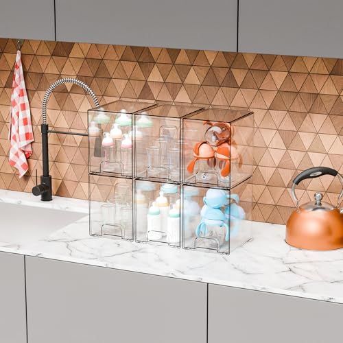 Yieach 7.5" High Stackable Storage Bins,4 Pack Bottle Station and Baby Bottle Storage Organizer for Countertop,Clear Acr