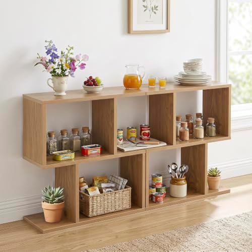 Tangkula 2 Tier Geometric Bookshelf, Freestanding Wooden Display Shelf, Home Office Room Divider S Shaped Open Bookcase,