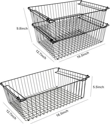 Set of 2 Stackable XXL Wire Baskets For Pantry Storage and Organization -16x12in Large Metal Food Baskets -Vegetable,Fru