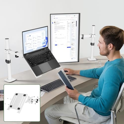 UPGRAVITY White Laptop Desk Mount with Vented Tray for Notebook up to 17 inch, Fully Adjustable Single Laptop Arm Stand 