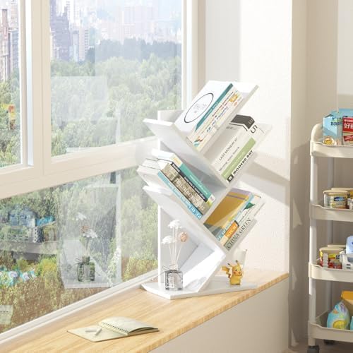 SHEEPAM Small Tree Book Shelf,5 Tier Bookshelf, Wood Desktop Bookcase