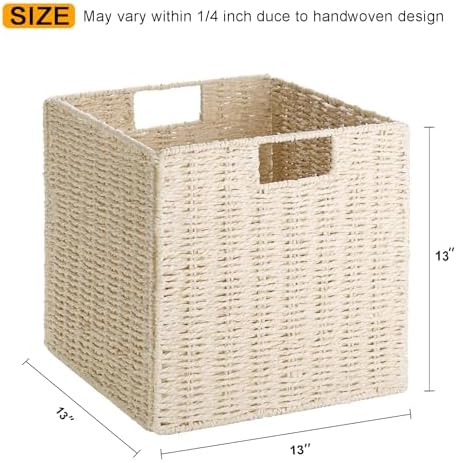 Vagusicc Wicker Storage Basket, Set of 2 Hand-Woven Paper Rope Wicker Baskets, Foldable Cube Storage Bins, Beige Storage