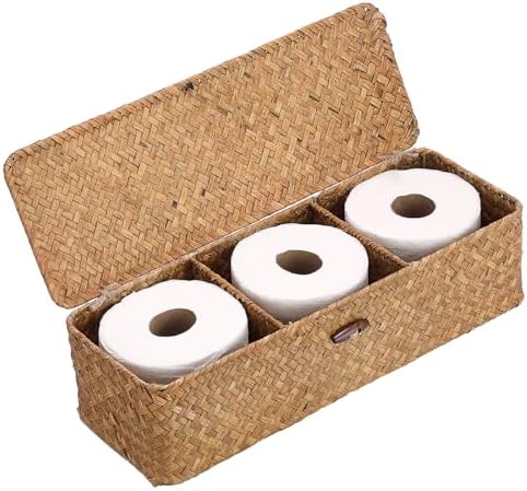 Hipiwe Handwoven Wicker Basket Box Rectangular Wardrobe Home Organizer with Lid 3 Sections Toilet Paper Holder Home Orga