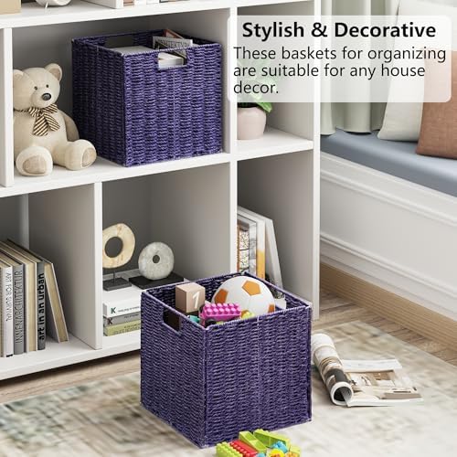 Vagusicc Wicker Storage Basket, Set of 2 Hand-Woven Wicker Basket, 11 inch Storage Basket, Foldable Cube Storage Organiz