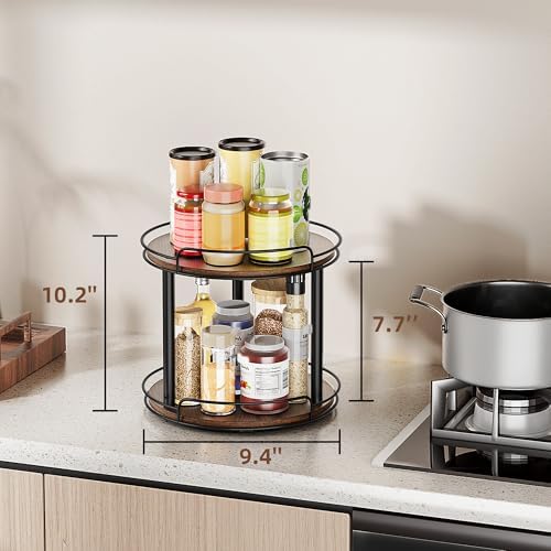 LAMU 9'' Wood Lazy Susan Turntable Organizer for Cabinet, 2 Tier Lazy Susan Spice Rack Organizer for Kitchen, Table Top,