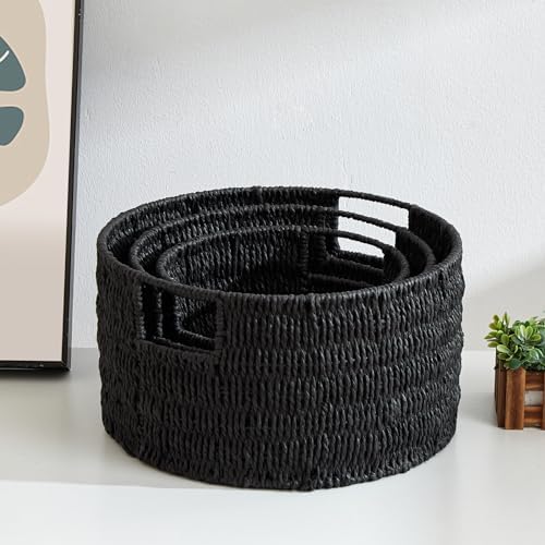 Vagusicc Wicker Storage Basket, Hand-Woven Paper Rope Large Round Woven Basket With Handles, Wicker Baskets for Organizing/Storage, Black, 3-Pack