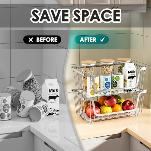 4 Pcs Stackable Wire Baskets for Pantry Organizers and Storage,silver