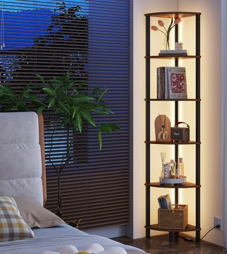 VIMBER 6-Tier Corner Shelf with LED Light, Industrial Corner Ladder Shelf, Rustic Display Shelf for Living Room, Bedroom