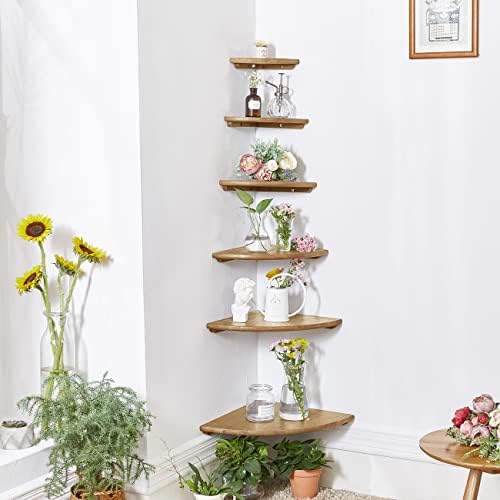 Corner Shelf, 12inch Solid Oak Wood Floating Corner Shelves Wall Mount Round End Floating Speaker Shelf with Wire Hole f
