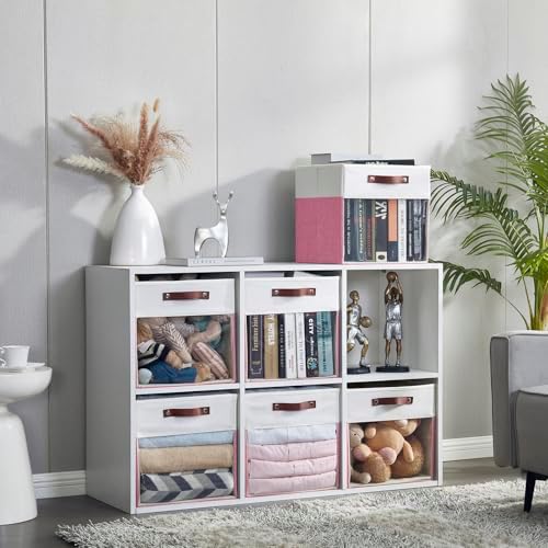 Bagnizer Storage Cubes, 4 Pack Linen Foldable Storage Bins (13 x 13 inch) with Clear Window and Handles, Fabric Organizer for Shelf Closet, Clothes, Books - (Pink and White)