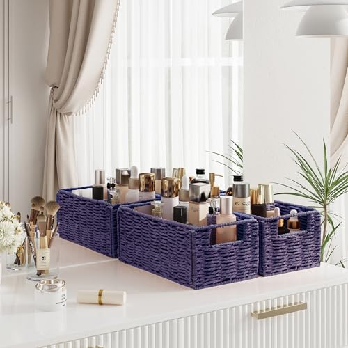 Vagusicc Wicker Storage Basket, Set of 2 Hand-Woven Paper Rope Wicker Basket, Small Storage Baskets for Organizing Toile