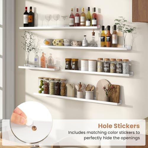 Fun Memories Picture Ledge Shelves Set of 4, 32 Inch Rustic Wall Mounted Floating Shelves with Lip for Home Storage and 