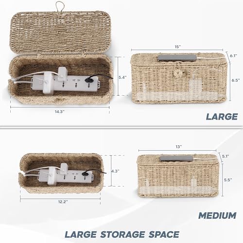 Bluewest 2-Pack Cable Management Box with Lids, Rattan Cord Organizer