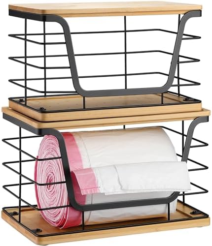ALOCEO 2 Pack Large Garbage Bag Dispenser for 13/30/33 Gallon Bags, Potato and Onion Storage Baskets with Bamboo Lid, St