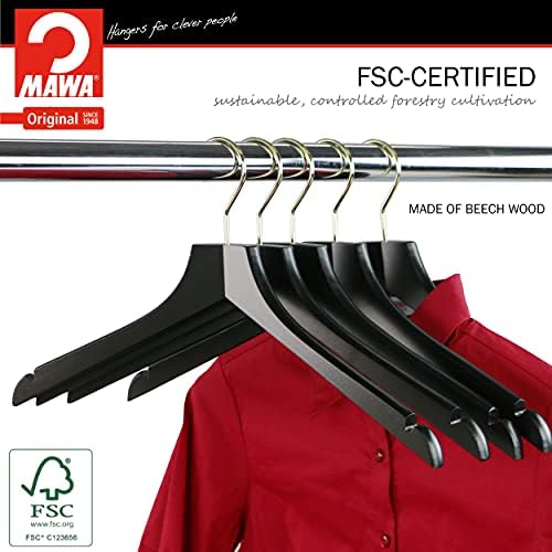 MAWA by Reston Lloyd, European Wooden Hanger, Beech Wood Straight Hanger with Shoulder Notches, Rotating Gold Hook, Blac