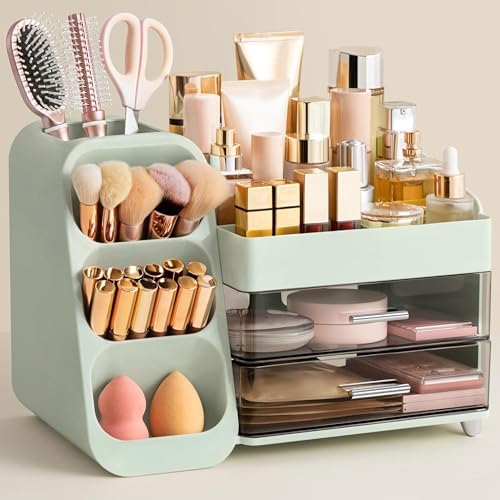 HBlife Makeup Organizer with Brush Holder for Vanity, Large Plastic Bathroom Countertop Organizer Skin Care Storage, Eas