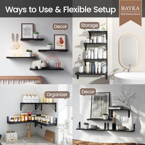 BAYKA Wall Mounted Floating Shelves (Black, Set of 3, 16" Mixed)