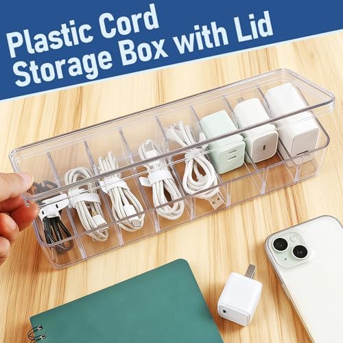 4 Pack Cable Organizer Box, Cord Storage Box, Clear, 8 Compartments