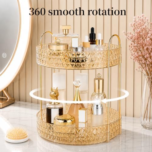 Large Capacity Rotating Makeup Organizer Perfume Stand Holder, 2 Tier Gold
