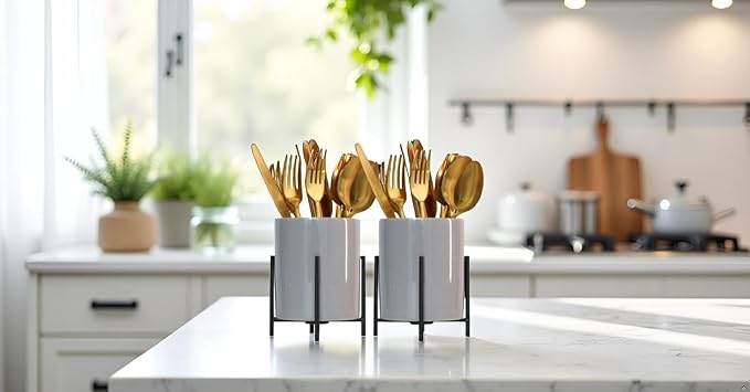 Caddy Flatware Caddy Holder Grey Ceramic with metal round frame Store Utensils, Silverware Organize kitchen Countertops and Dining tables(2 pieces 3.14 * 4.6 inch)