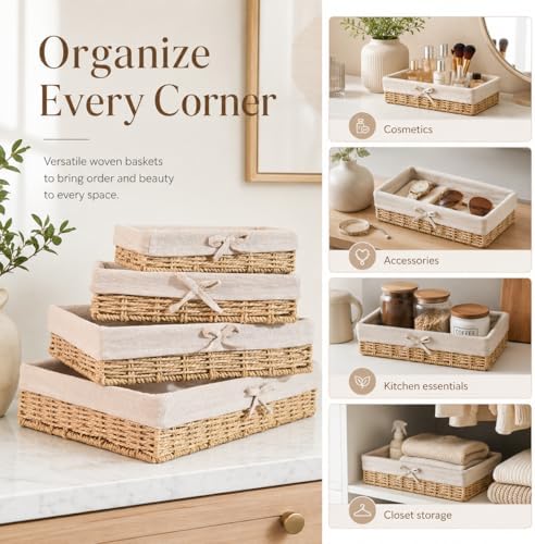 Lined Baskets for Shelves, Set of 4 Woven Paper Rope, Khaki