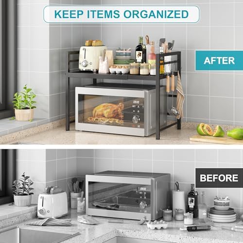 DOLALIKE Microwave Oven Rack, Expandable Microwave Stand Countertop Kitchen Utensils Tableware Storage, Carbon Steel Ove