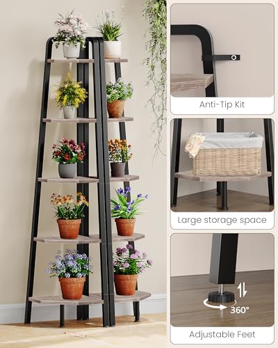 CHOEZON Corner Shelf, 5-Tier Ladder Corner Shelf, Ladder Bookshelf, 59.6" Tall Vertical Display Stand, Metal Frame Books