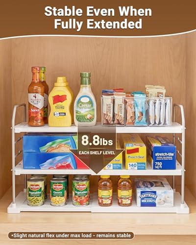 EVERIE Extendable 3-Tier Kitchen Cabinet & Pantry Organizer for Plastic Wrap, Foil & Storage Bags, Adjustable Heavy Duty