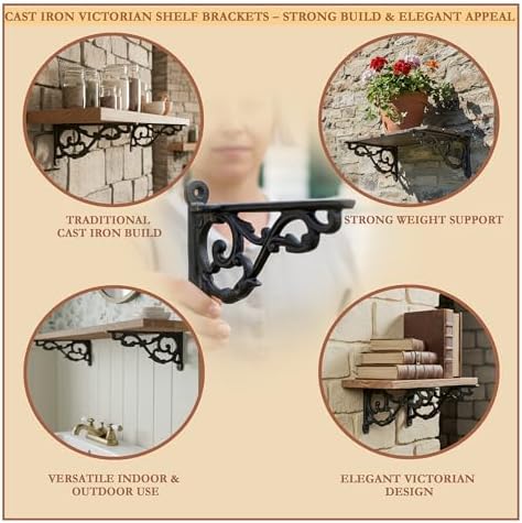 Mystic Colonial Victorian Cast Iron Shelf Brackets - 10.2 cm x 15.2 cm (4 in x 6 in) Vintage Rustic Wall Mount Supports 