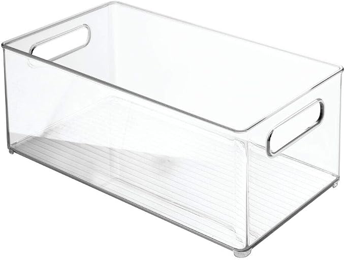 mDesign Plastic Bathroom Storage Container Bins w/ Handles - Closet, Cabinet, Vanity, Cupboard Shelf Organization, Hair Tools Accessory Organizer - Ligne Collection; Clear, 14.6x8.1x6 (Pack of 4)