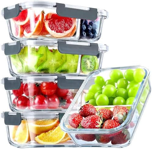 VERONES 5 PACK 36 OZ Glass Food Storage Containers 2 Compartment Set, Grey