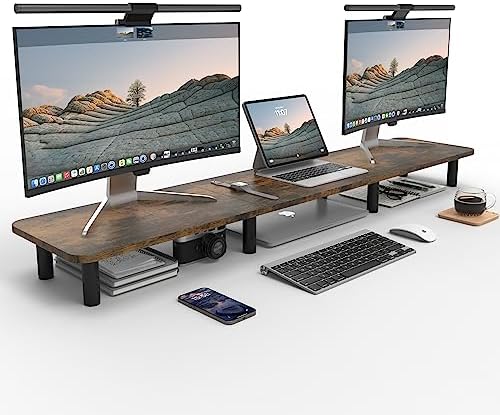 Dual Monitor Stand - 43.7 inch Extra Long Wide TV Stand - Wood & Steel Leg Desktop Riser - Desk Organization - Home Offi