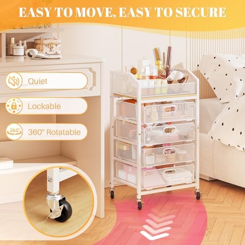 SUNALLY Rolling Makeup Cart with Drawers, Rolling Vanity Nail Cart, White