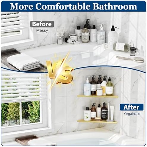 Qeke 12" Corner Shower Shelves 304 Stainless Steel, Brushed Golden, 2 Pack