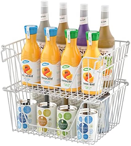 Slideep 14'' Large Stackable Storage Baskets Cabinet Organizer Sturdy Metal Wire Pantry Freezer Bin for Pantry Home Bath