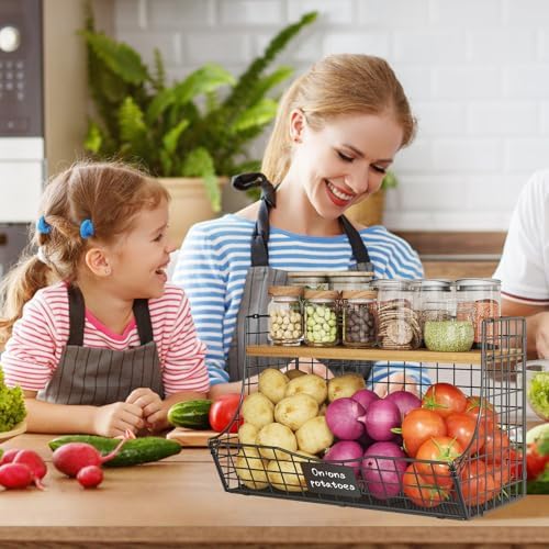 3 Pack Extra Large Fruit Basket for Kitchen with Wood Lid Nameplate - Counter&Wall Mounted Onion and Potato Storage Bin,