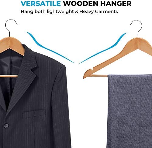 Non-Slip Wooden Hangers 20 Pack with Pant Bar, Natural Wood Suit Hangers for Shirts, Dresses, Pants & Jackets | Bulk Closet Hangers