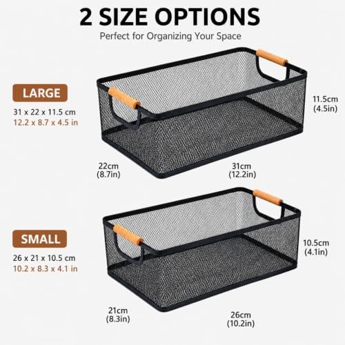 Potato and Onion Storage Baskets with Wood Handles, 2-Set Metal Mesh Bin for Kitchen, Pantry, Countertop, Ventilated Org